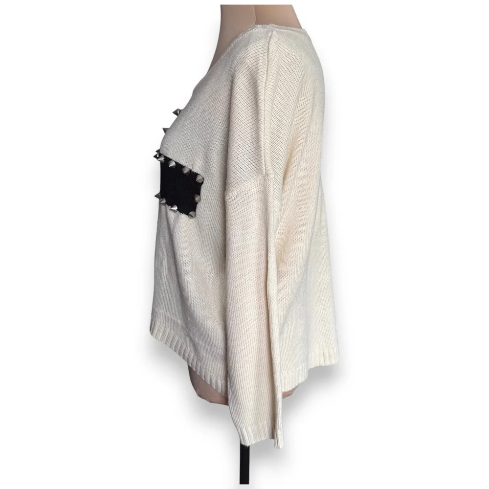 ROMWE off white studded cross sweater lightweight knit long sleeve